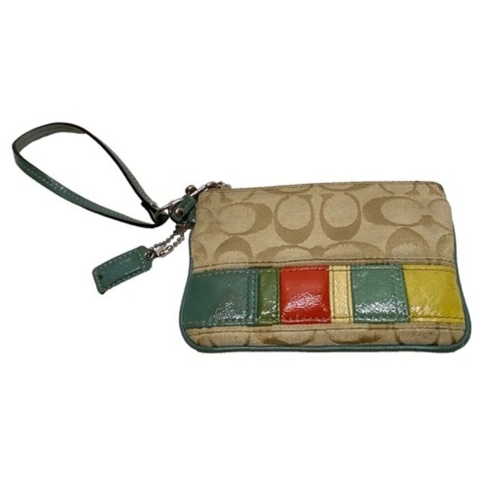 Coach Small Wristlet Multicolor Colorblock Wallet Signature‎ Khaki Canvas GUC